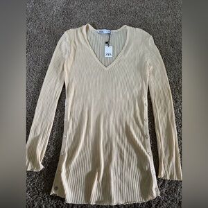 New Zara S Small Ribbed V Neck Shirt‎ Blouse Ivory Buttons Sexy Y2K Vibes